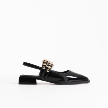 Blues Siyah Rugan Kemer Detaylı Kadın Topuklu Ayakkabı