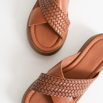 Fayn Taba Örgü Desenli Hakiki Deri Terlik