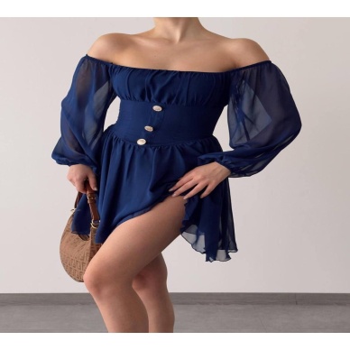 Düğme Detaylı Mini Şifon Elbise