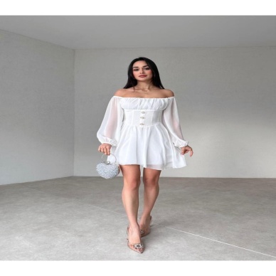 Düğme Detaylı Mini Şifon Elbise