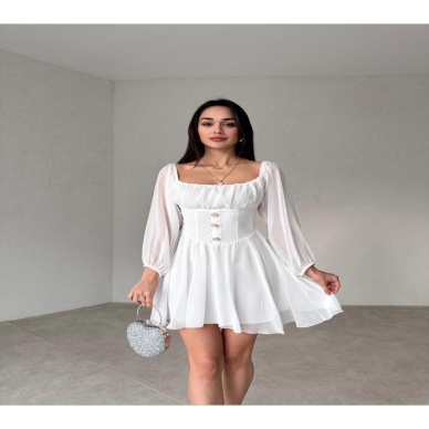 Düğme Detaylı Mini Şifon Elbise