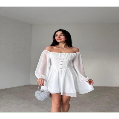 Düğme Detaylı Mini Şifon Elbise