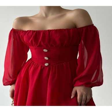 Düğme Detaylı Mini Şifon Elbise