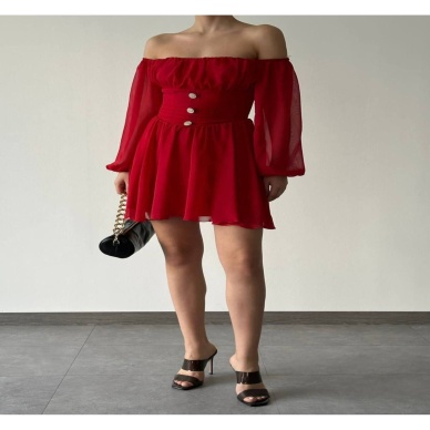 Düğme Detaylı Mini Şifon Elbise