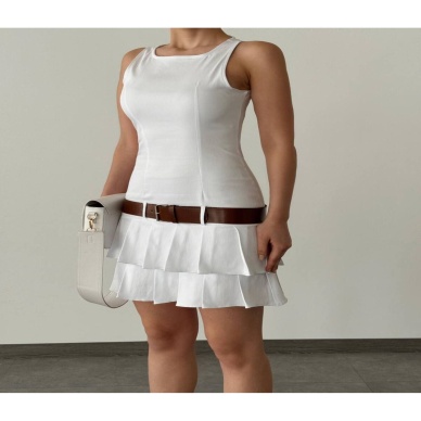 Likralı Gabardin Kumaş Pile Etekli Mini Beyaz Elbise