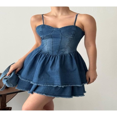 Askılı Korse Formlu Kat Etek Likralı Mini Boy Mavi Kot Elbise