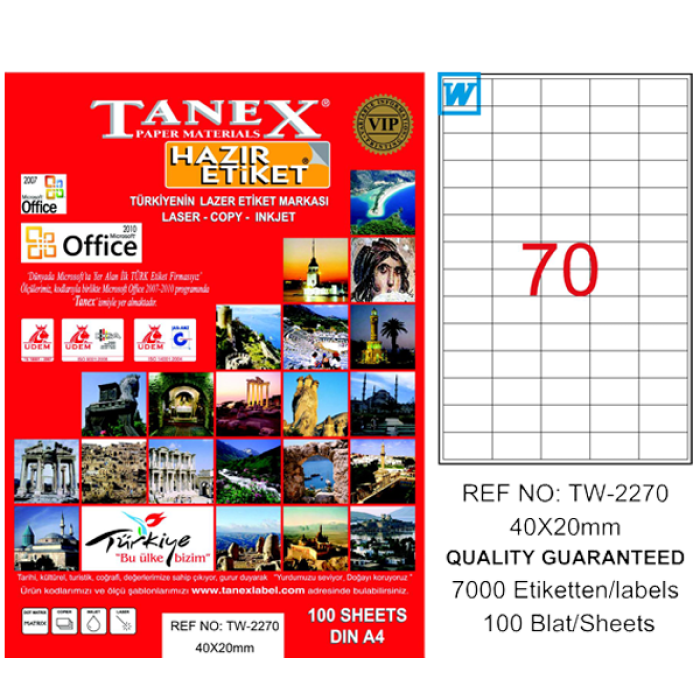 Tanex Laser Etiket 100 YP 40x20 MM Laser-Copy-Inkjet TW-2270