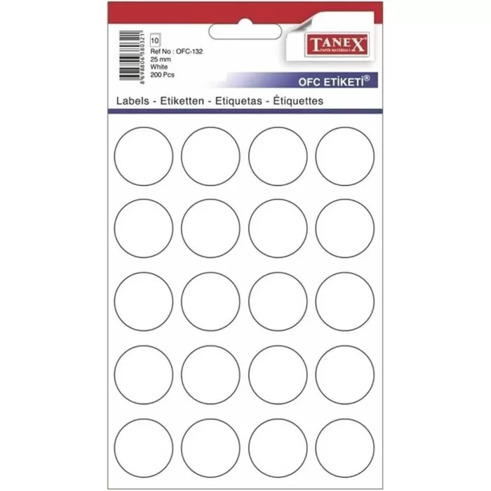 Tanex Ofis Etiketi Poşetli Yuvarlak 25 MM Beyaz OFC-132