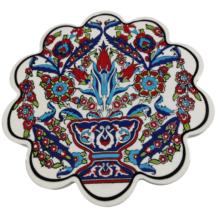 Çini Desenli Çiçekler Seramik Nihale 18 Cm Koruyucu Kaydırmaz Altlik Model 1
