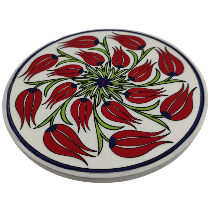 Çini Desenli Çiçekler Seramik Yuvarlak Nihale 16 Cm Koruyucu Kaydırmaz Altlik Model 1