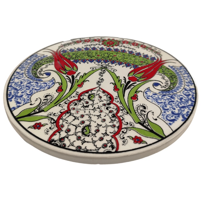 Çini Desenli Çiçekler Seramik Yuvarlak Nihale 16 Cm Koruyucu Kaydırmaz Altlik Model 4