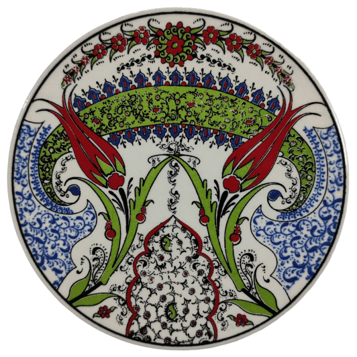 Çini Desenli Çiçekler Seramik Yuvarlak Nihale 16 Cm Koruyucu Kaydırmaz Altlik Model 4