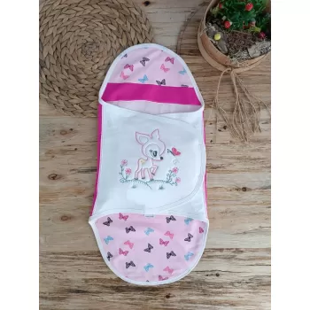 Yenidoğan İlk Baharın Ceylanı Nakışlı Çıt Çıt Kapama Bebek Kundak Pembe