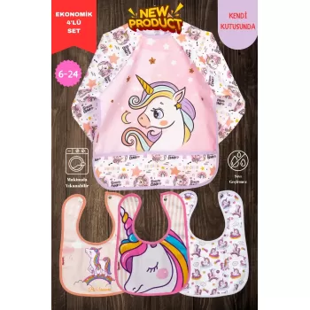 Unicorn Desen 4lü Set Eko Sıvı Geçirmez Aktivite Ve Mama Önlüğü Kendi Kutusunda 6-24 Ay