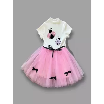 Uğur Böceği Nakışlı Kurdela Kuşak Kız Çocuk Elbisesi Pembe-ekru