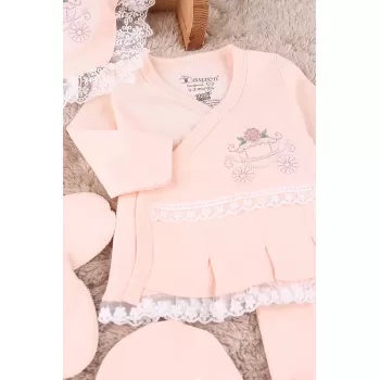 Çiçekli Araba Nakışlı Dantelli 5li Kız Bebek Hastane Çıkışı 0-3 Ay