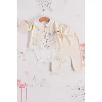 Tavşan Desenli Çiçekli 3lü Hırkalı Kız Bebek Takım