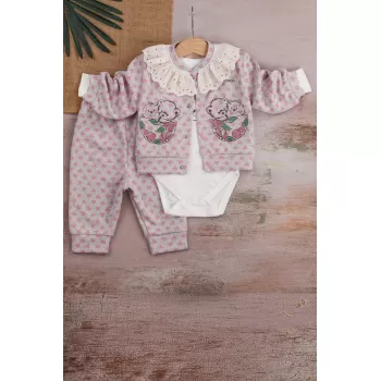Brode İşlemeli Kalp Desenli 3lü Hırkalı Kız Bebek Takım