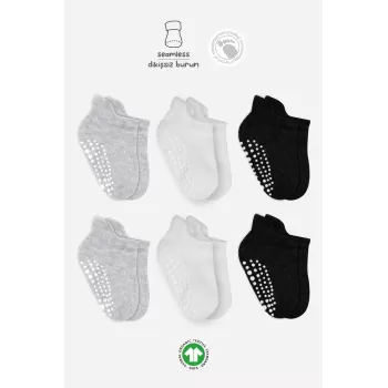 6lı Sneakers Kaymaz Penye Çorap Bs20102 Gri Beyaz Siyah