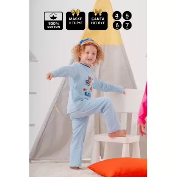 Süper Heros Çanta Ve Maskeli % 100 Pamuk Erkek Çocuk Pijama Takımı