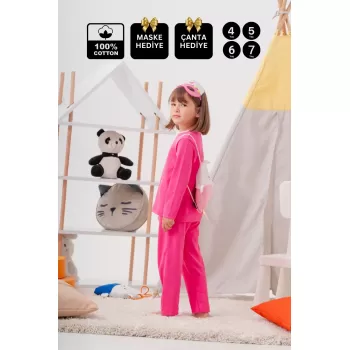 Heroıne Desenli Çanta Ve Maskeli % 100 Pamuk Kız Çocuk Pijama Takımı