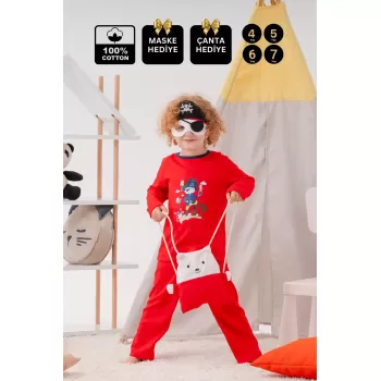 Korsan Desenli Çanta Ve Maskeli % 100 Pamuk Erkek Çocuk Pijama Takımı