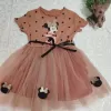 Puantiyeli Mickey Baskılı Kurdela Kuşaklı Astarlı Kız Bebek Tütü Elbisesi Kahverengi