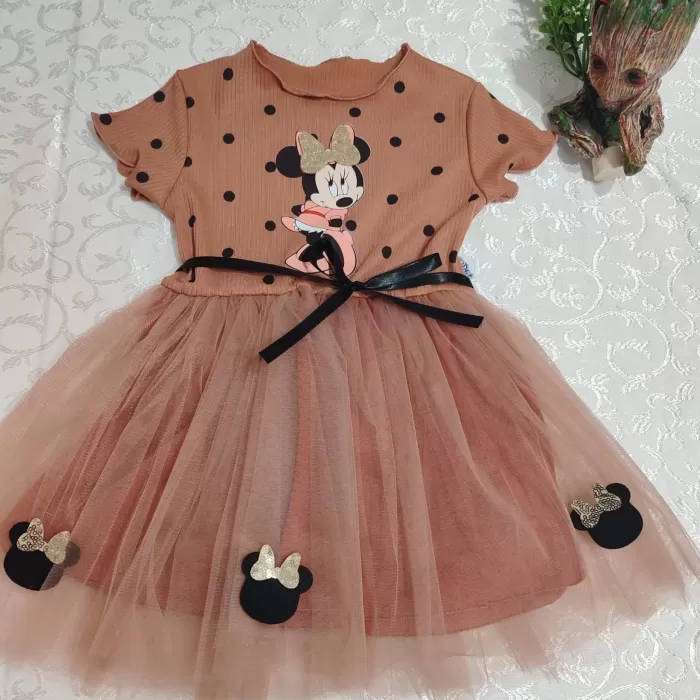 Puantiyeli Mickey Baskılı Kurdela Kuşaklı Astarlı Kız Bebek Tütü Elbisesi Kahverengi