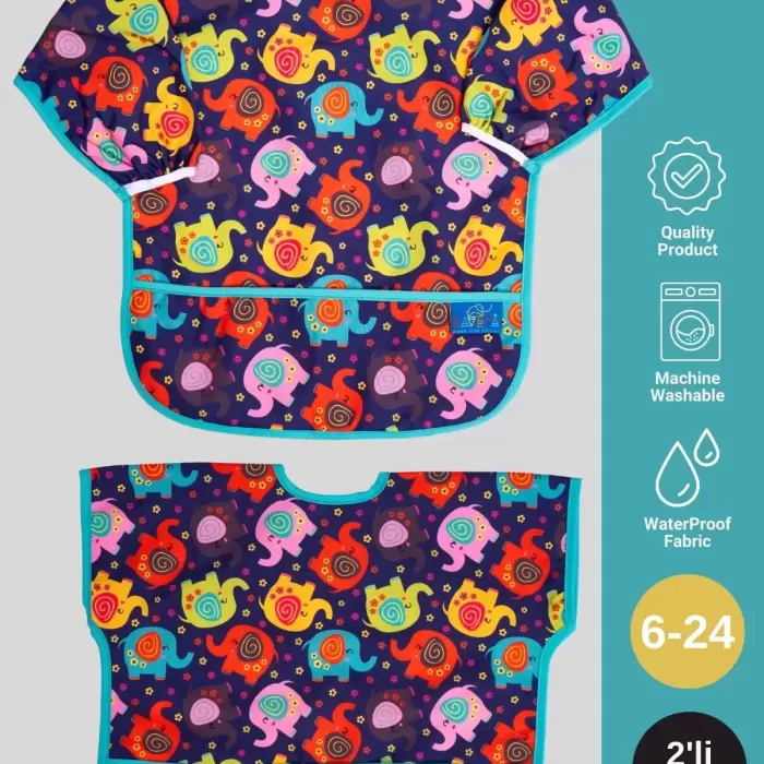 Eleohant Desenli 2li Paket Uzun Ve Kısa Kol Aktivite Ve Mama Önlüğü 6- 24 Ay