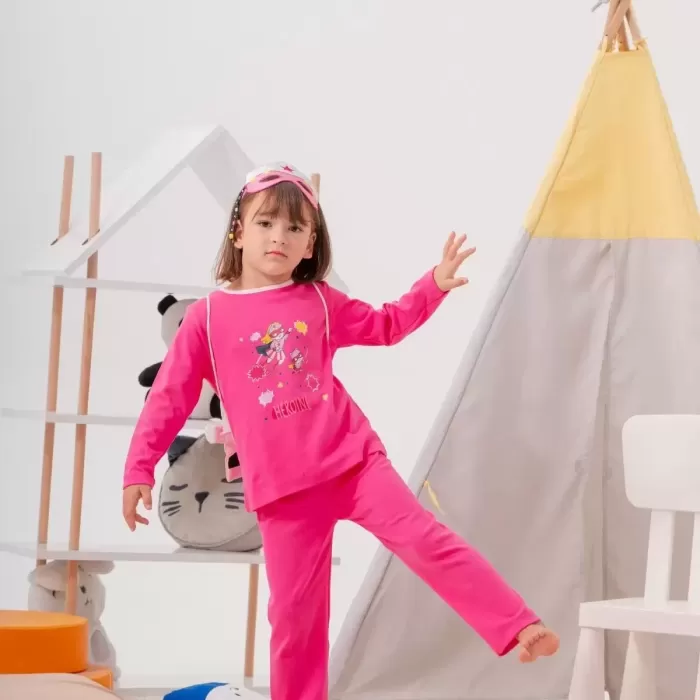 Heroıne Desenli Çanta Ve Maskeli % 100 Pamuk Kız Çocuk Pijama Takımı