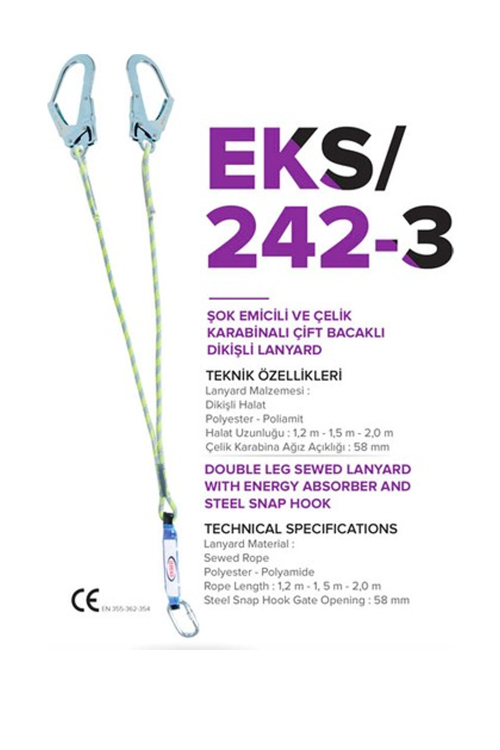 EKS 242-3 ŞOK EMİCİLİ VE ÇELİK KARABİNALI ÇİFT BACAKLI DİKİŞLİ LANYARD