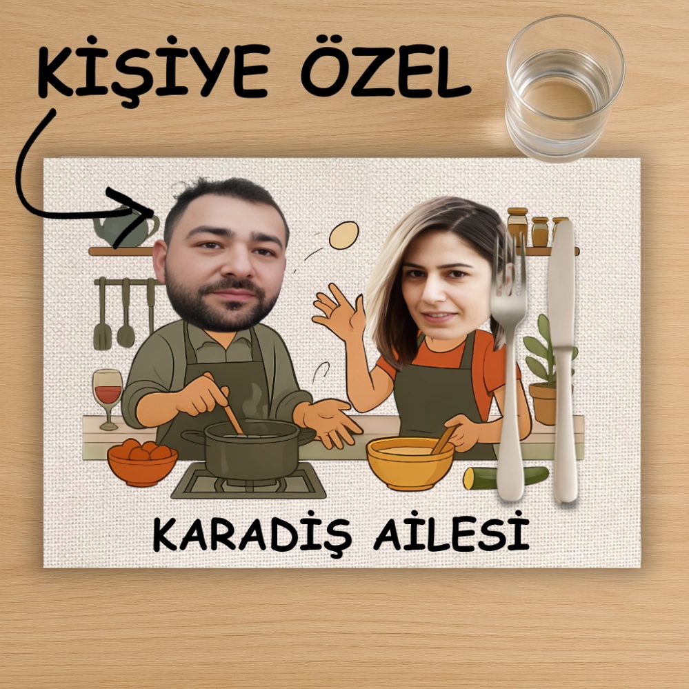Kişiye Özel Karikatür Baskılı Çift Tasarımlı Amerikan Servis, Tabak Altlığı & Ev Hediyesi, 2 Adet