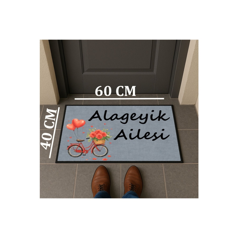 Soyisim Ve Çiçekli Bisiklet Kişiye Özel Tasarım Kapi Paspas 60x40cm Kapi Onu Paspasi