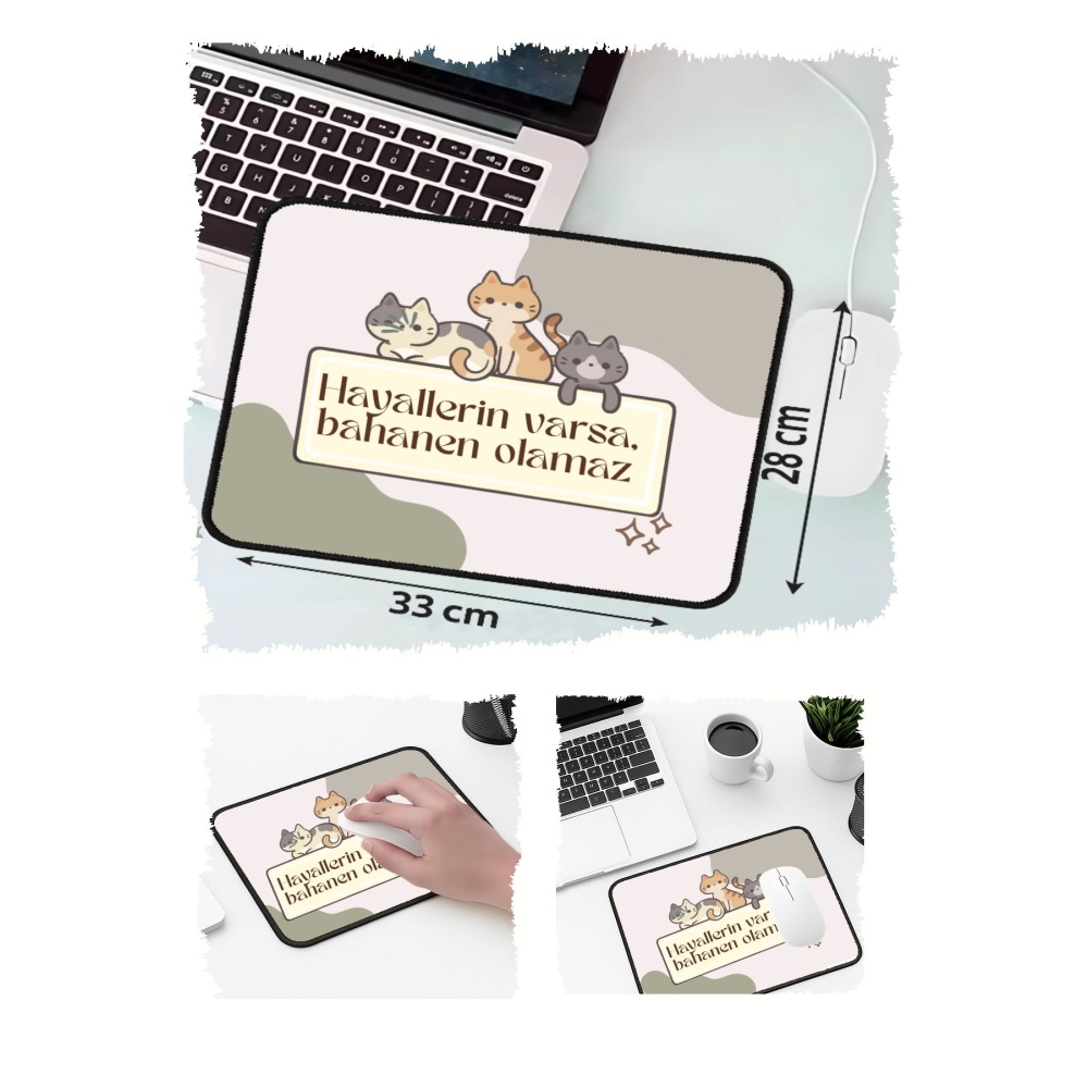 Ponçik Kedi Hayaller Tasarımlı 33x28 Cm Mousepad Kaymaz Taban Rahat Konforlu Mouse Pad