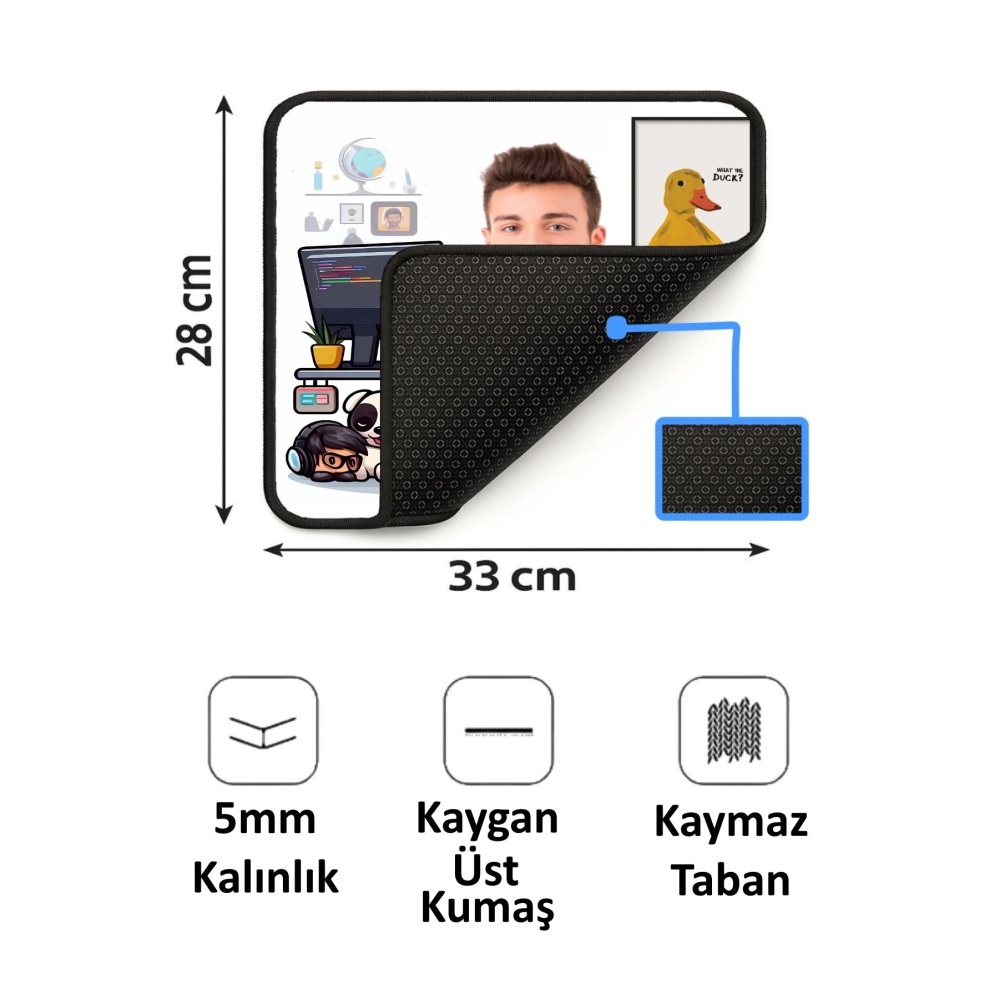 Kişiye Özel Karikatürlü Fotoğraflı 33x28 Cm Mousepad Kaymaz Taban Rahat Konforlu Mouse Pad
