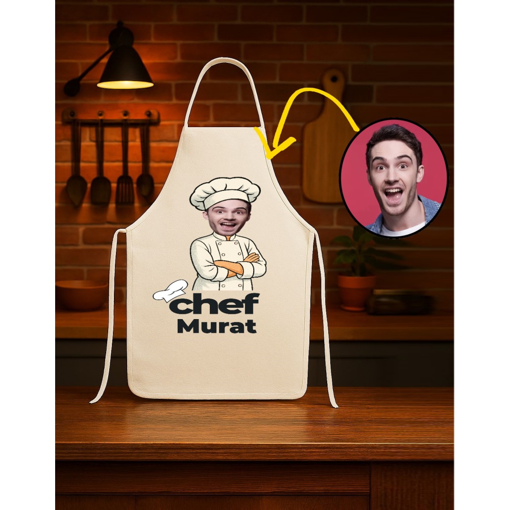 Kişiye Özel Karikatür Fotoğraflı ve İsimli Mutfak Önlüğü Chef Tasarımlı 1