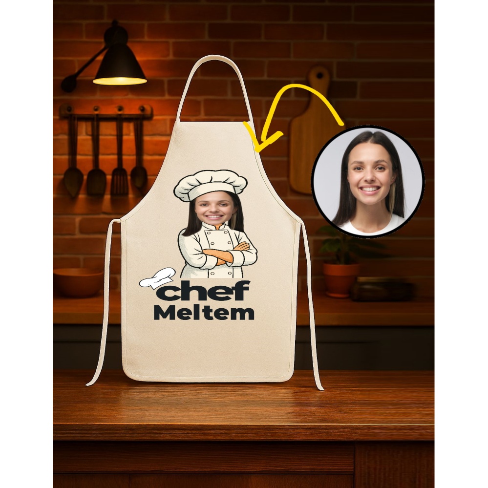 Kişiye Özel Karikatür Fotoğraflı ve İsimli Mutfak Önlüğü Chef Tasarımlı 2