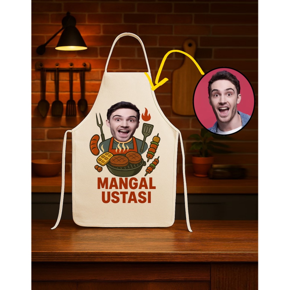 Kişiye Özel Karikatür Fotoğraflı ve İsimli Mutfak Önlüğü Mangal Ustası