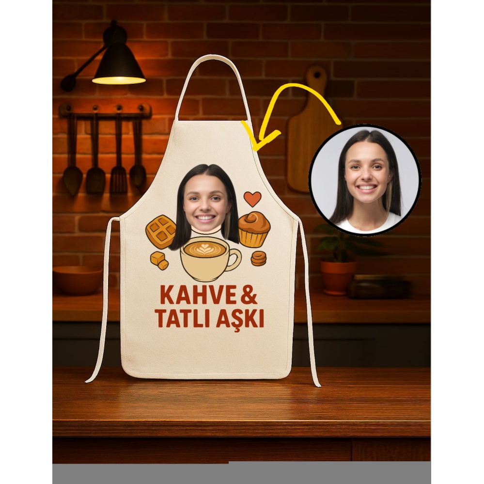 Kişiye Özel Karikatür Fotoğraflı ve İsimli Mutfak Önlüğü Kahve Tatlı Aşkı