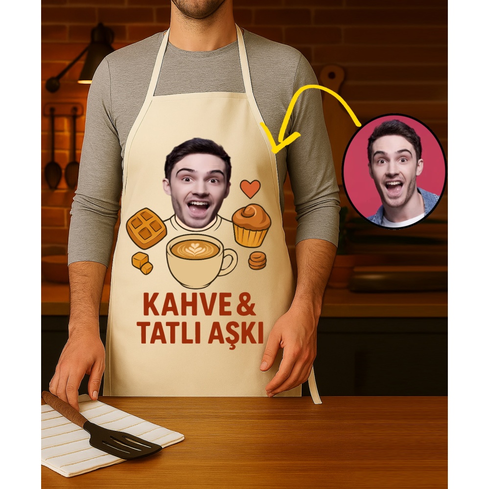 Kişiye Özel Karikatür Fotoğraflı ve İsimli Mutfak Önlüğü Kahve Tatlı Aşkı