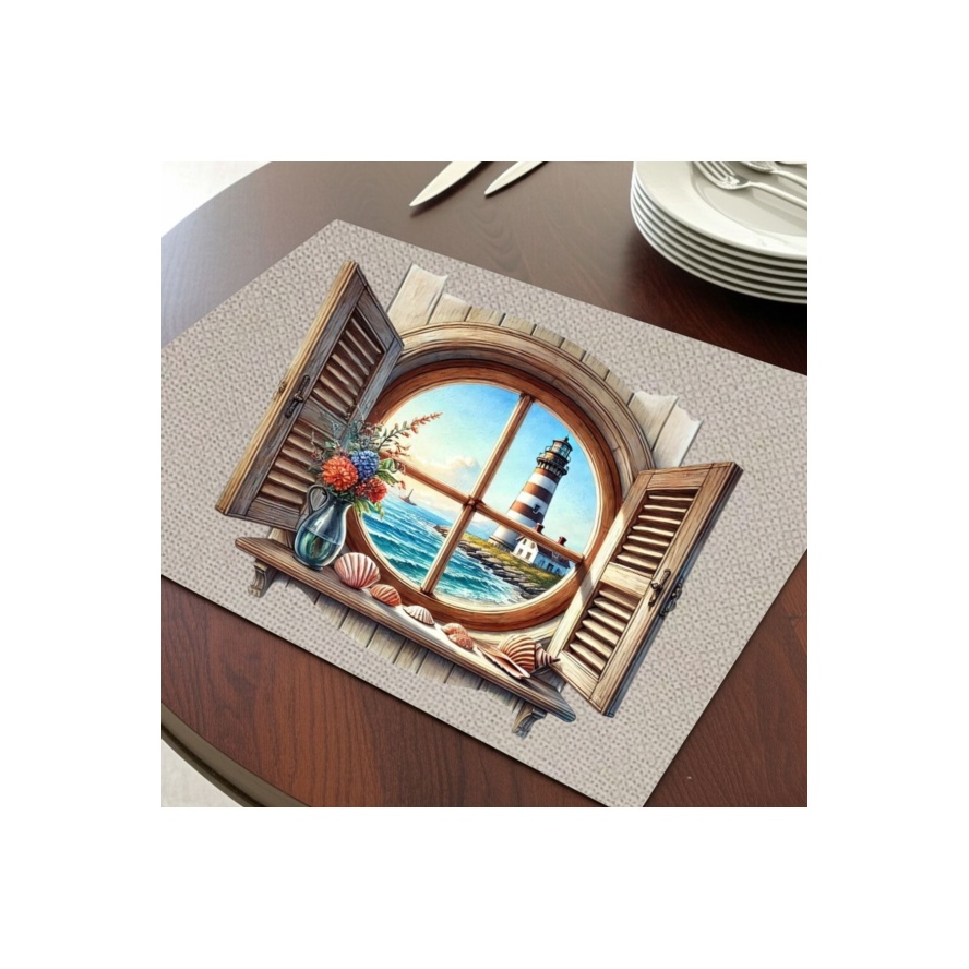 Penceredeki Deniz Feneri Tasarımlı Amerikan Servis, Tabak Altlığı & Masa Dekoru, Ev Hediyesi, 2 Adet