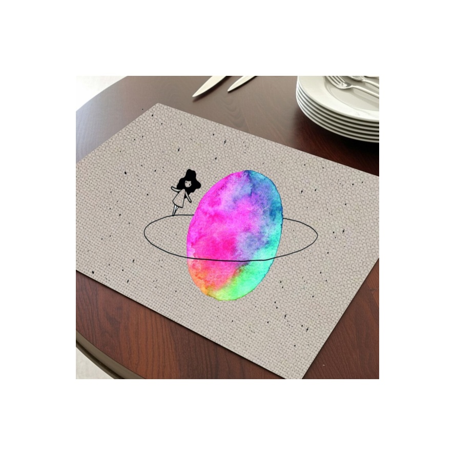 Satürn Galaxsideki Kız Tasarımlı Amerikan Servis, Tabak Altlığı & Şık Masa Dekoru Ev Hediyesi 2 Adet