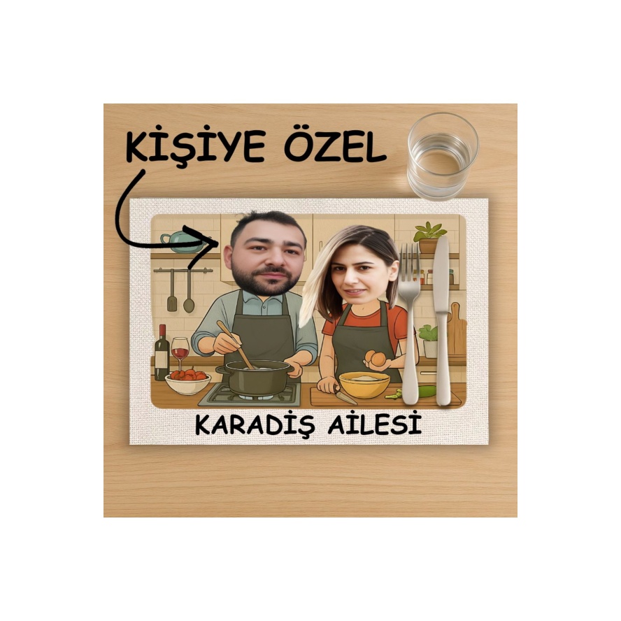 Kişiye Özel Karikatürlü Mutfak Tasarımlı Amerikan Servis, Tabak Altlığı & Ev Hediyesi, 2 Adet