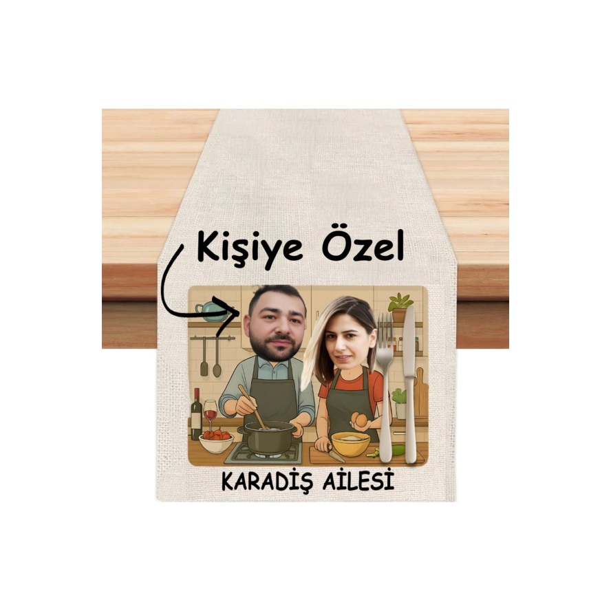 Kişiye Özel Karikatürlü Mutfak Tasarımlı Runner, Runer, Masa Örtüsü, Sofranıza Zarafet Katın Runner
