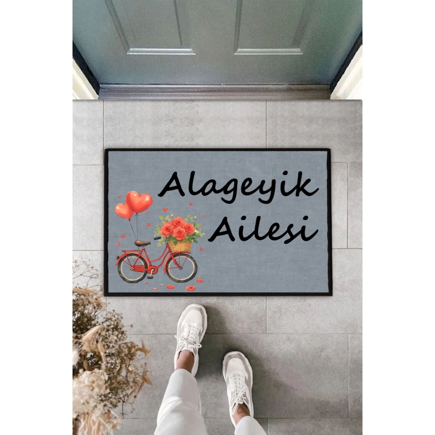 Soyisim Ve Çiçekli Bisiklet Kişiye Özel Tasarım Kapi Paspas 60x40cm Kapi Onu Paspasi