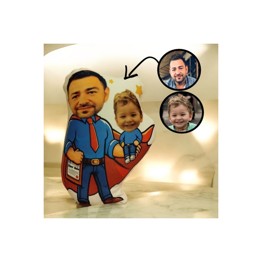 Kişiye Özel Süper Baba Ve Çoçuk Tasarımlı Şekilli Yastık