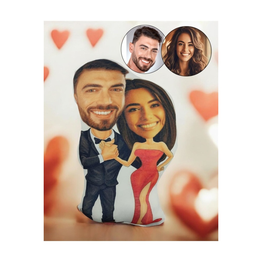 Kişiye Özel Mutlu Çift Tasarımlı Şekilli Yastık