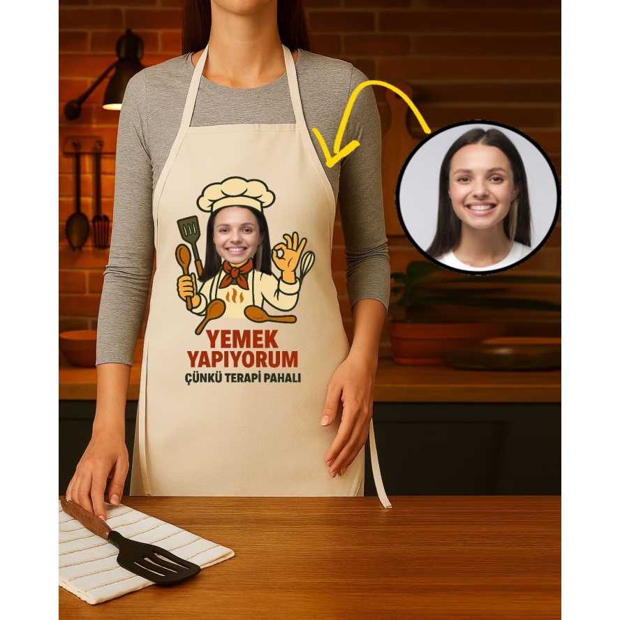 Kişiye Özel Karikatür Fotoğraflı ve İsimli Mutfak Önlüğü Terapi Pahalı