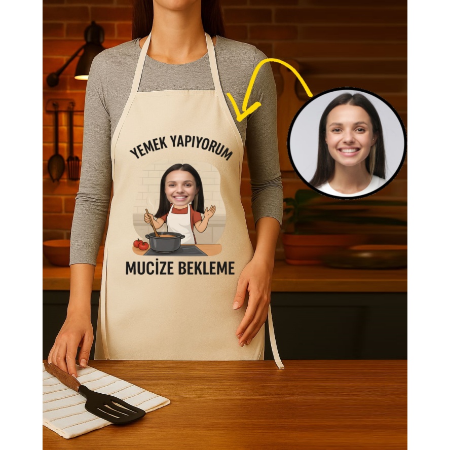 Kişiye Özel Karikatür Fotoğraflı ve İsimli Mutfak Önlüğü Mucize Bekleme
