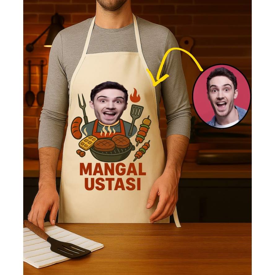 Kişiye Özel Karikatür Fotoğraflı ve İsimli Mutfak Önlüğü Mangal Ustası